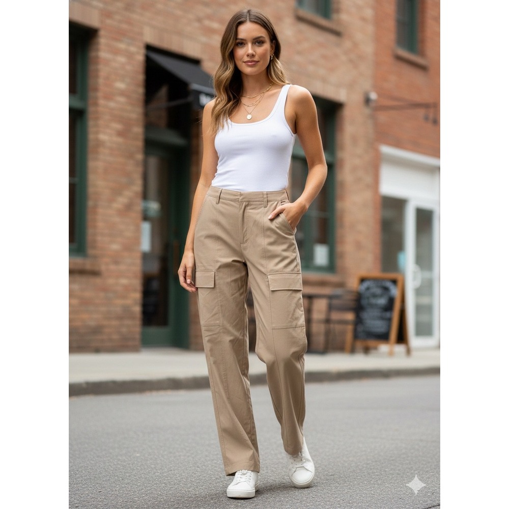 Mono B Tan Khaki Cargo Pants Womens Medium Nylon Spandex Ripstop Straight